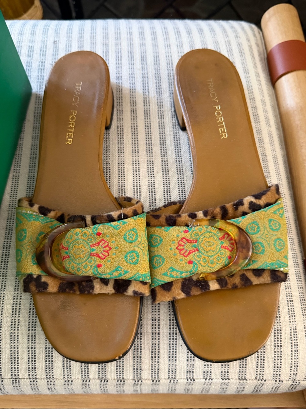 Tracy Porter Green Patterned Slide Mules with Leopard Trim